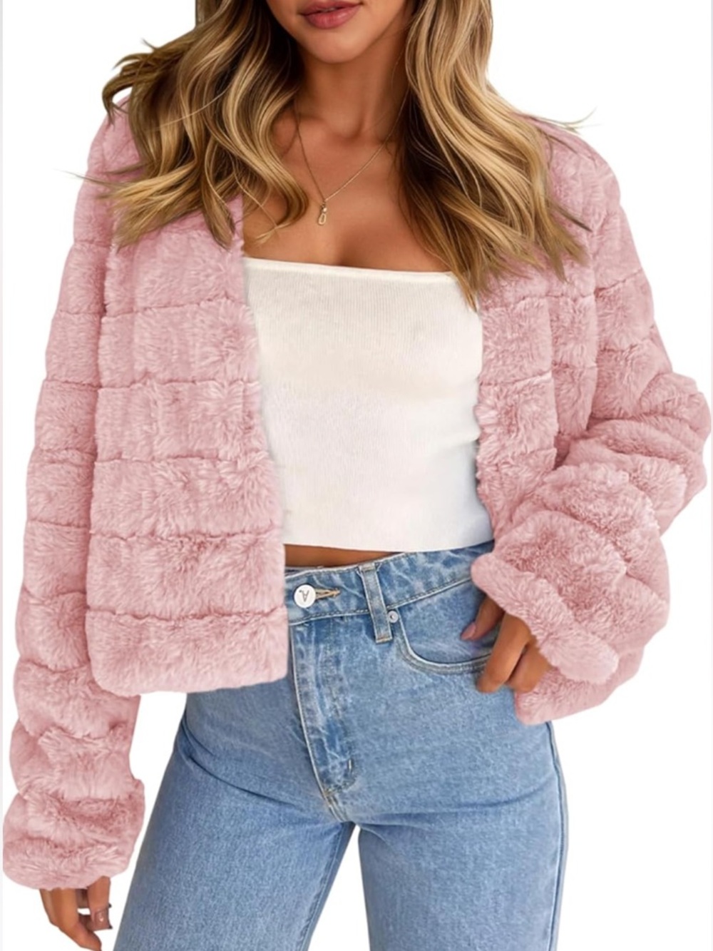 Women's Plush Cropped Faux-Fur Jacket - Blush Pink
